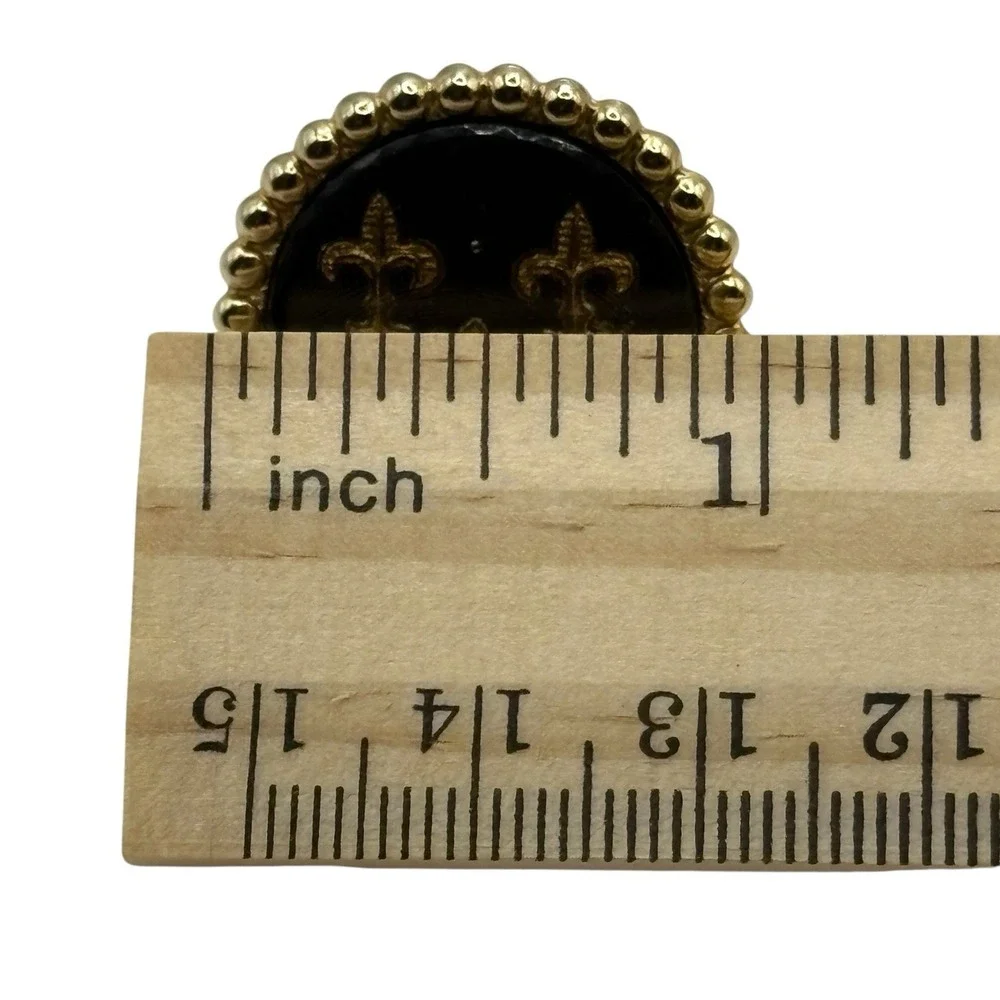 Fleur De Lis Cufflinks Vintage Black Enamel Round Ball‎ Metal Edges Gold Tone
